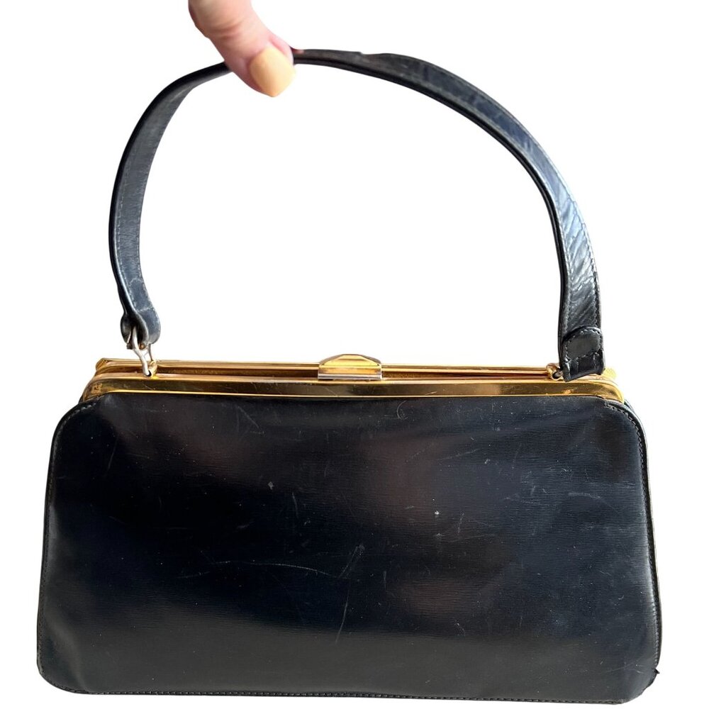 Vintage Black Leather Handbag With Gold Frame & Suede Interior Made In Ireland